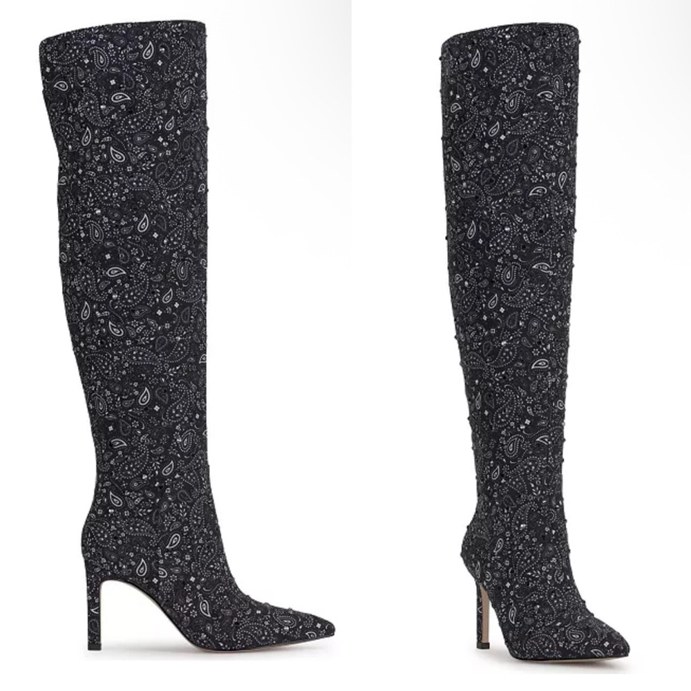 Jessica Simpson Earon Over The Knee Boot in Midnight Black White Bandana Stud - Picture 1 of 9